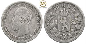 50 øre/15 sk. 1874 Oscar II. Kv.1-