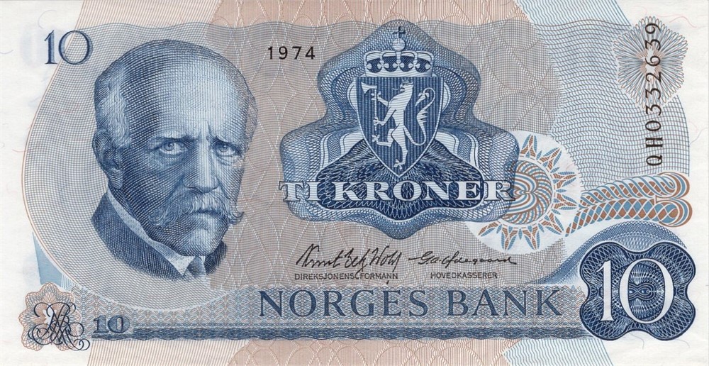 10 kroner 1974 QH erstatningsseddel. Kv.0