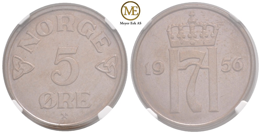 5 øre 1956 Haakon VII. Gradert til MS65BN hos NGC. Kv.0