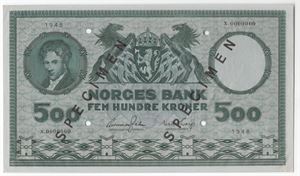 500 kroner 1948 X.0000000. Specimen. Kv.0