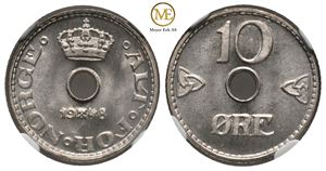 10 øre 1948 Haakon VII. MS67. Prakt eksemplar