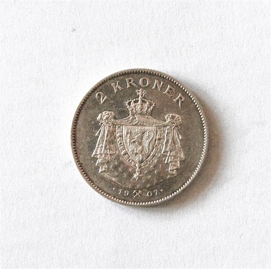 Norge 2 kroner 1907 m/gevær kv. 01