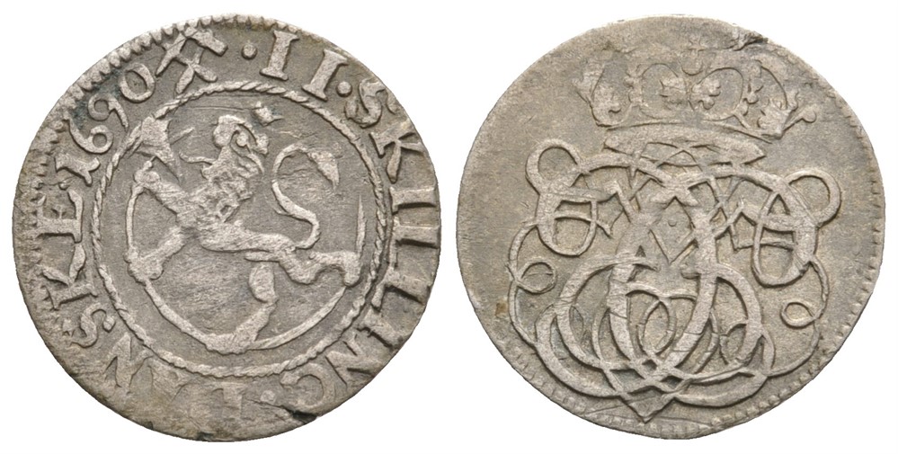 2 skilling 1690 Christian V. Kv.1+