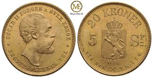 20 kroner/5 speciedaler 1874 Oscar II. Kv.0/01