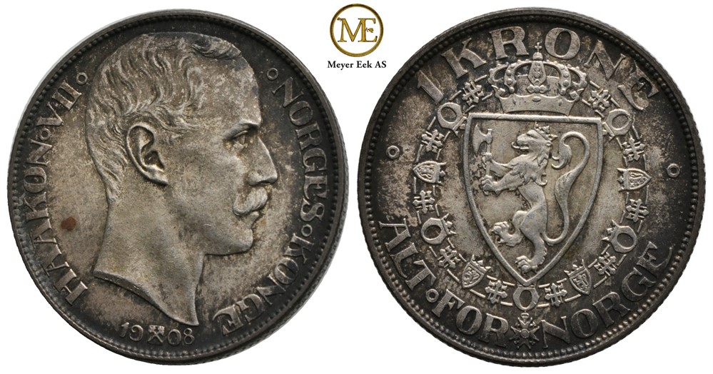 1 krone 1908 Haakon VII. p/p. Kv.0