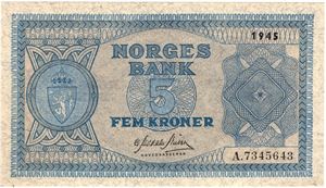 5 kroner 1945 A.7345643. Kv.0