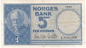 5 kroner 1960 Z. RR. Erstatningsseddel. Kv.1