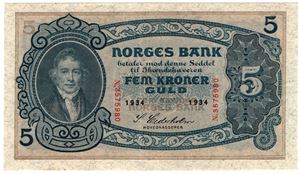 5 kroner 1934 N.3575980. Kv.01