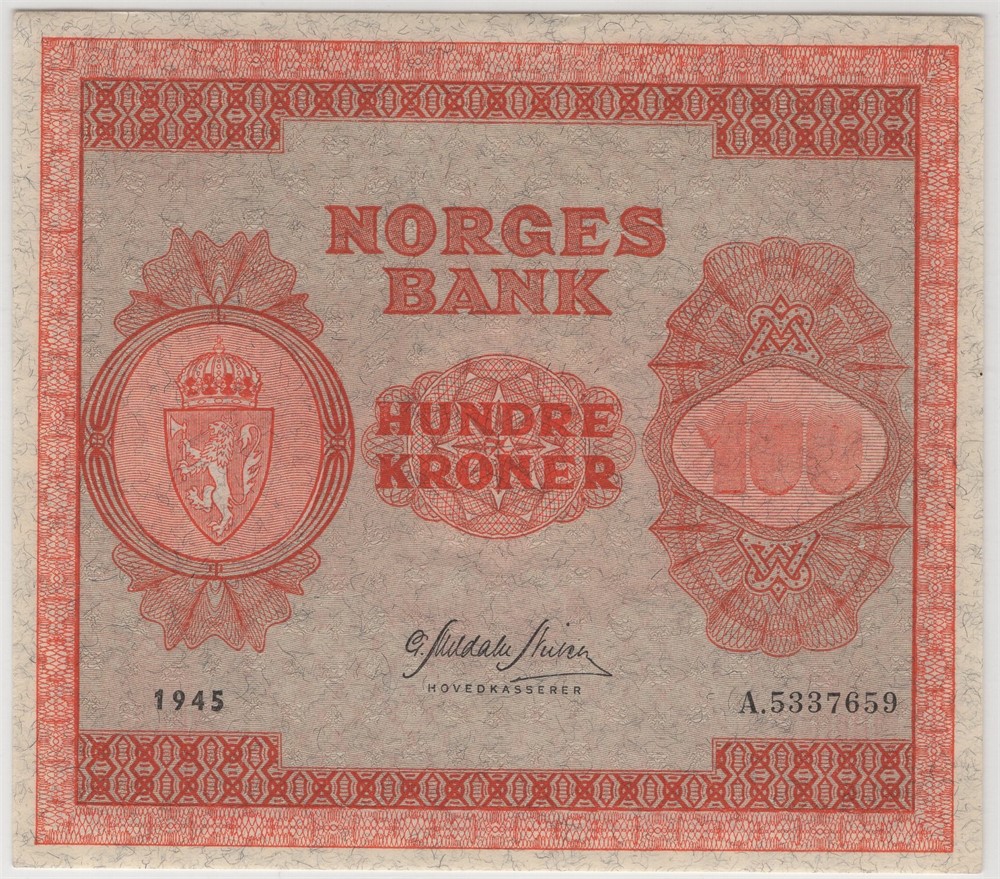 100 kroner 1945 A.5337659. 65 EPC. Kv.0