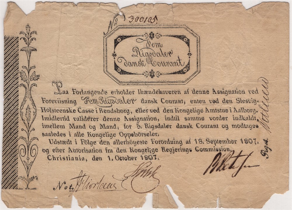 Assignasjonsbevis 5 Rigsdaler 1807 No.300105. Kv.1-