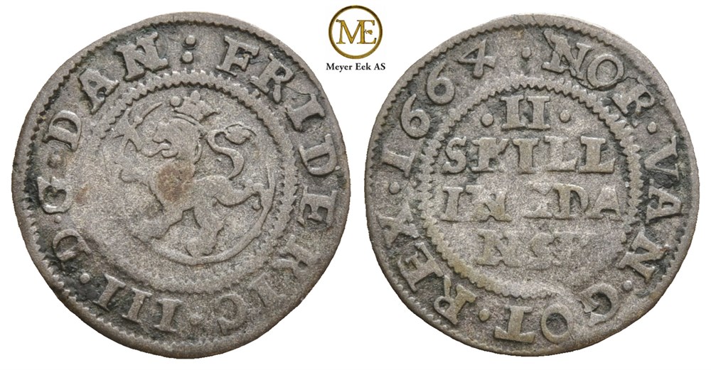 2 skilling 1664 Frederik III. Kv.1/1+