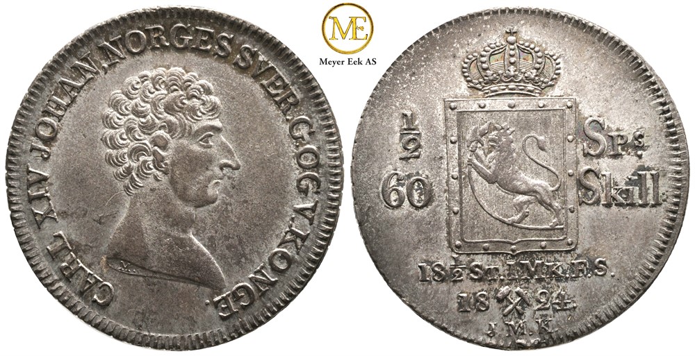 1/2 speciedaler 1824 Carl XIV Johan. Kv.0