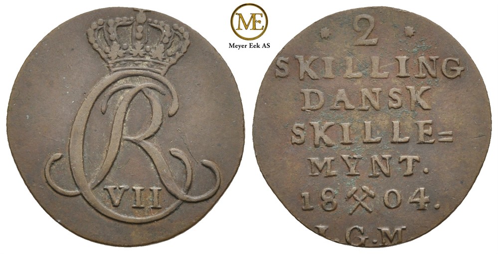 2 skilling 1804 Christian VII. Avslag i kobber. Kv.1+