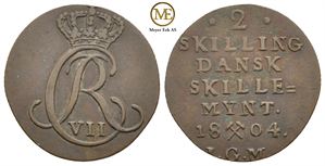 2 skilling 1804 Christian VII. Avslag i kobber. Kv.1+