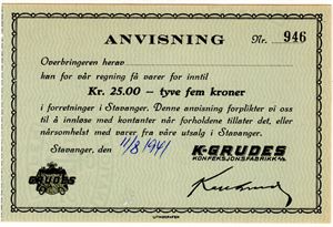 K. Grudes konfeksjonsfabrikk 25 krone blankett. Ex Sunndal 27.4.16 Kv.0