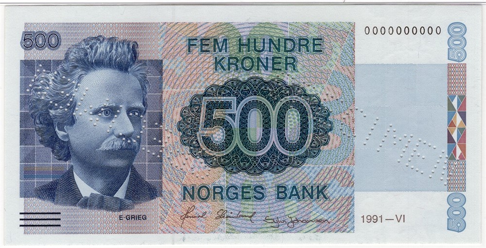 500 kroner 1991 0000000000. Specimen. Kv.0