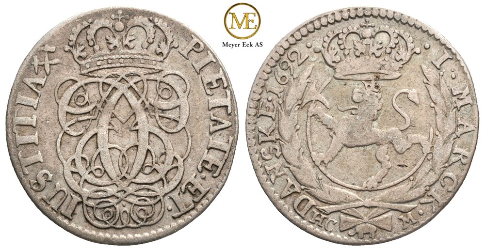 1 mark 1692 Christian V. Kv.1/1+