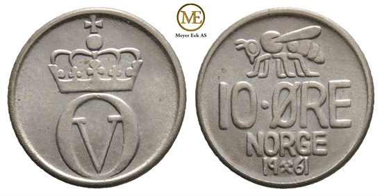 10 øre 1961 Olav V. Kv.0