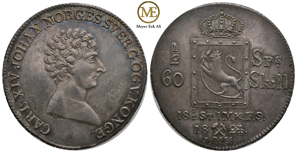 1/2 speciedaler 1824 Carl XIV Johan. Kv.0