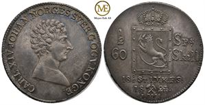 1/2 speciedaler 1824 Carl XIV Johan. Kv.0