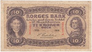 10 kroner 1919 H.1597643. Kv.1+/01