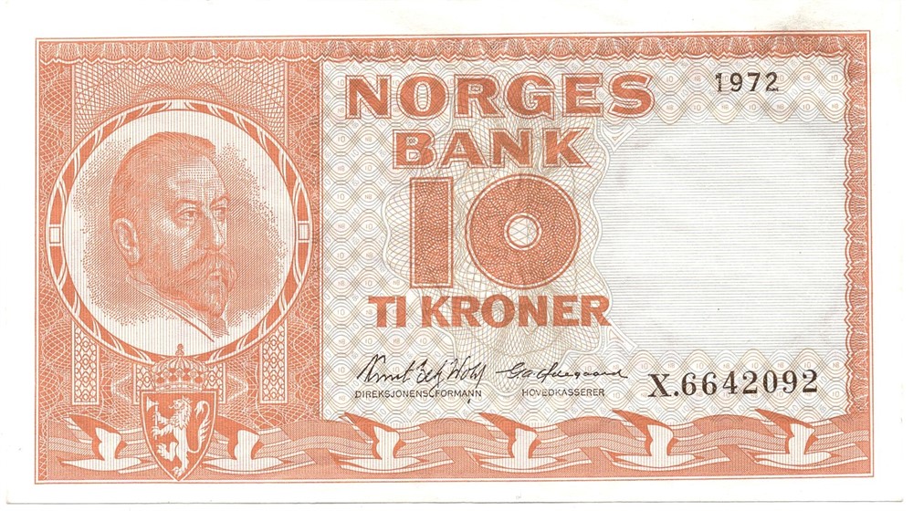 10 kroner 1972 X.6642092 erstatningsseddel. Kv.01