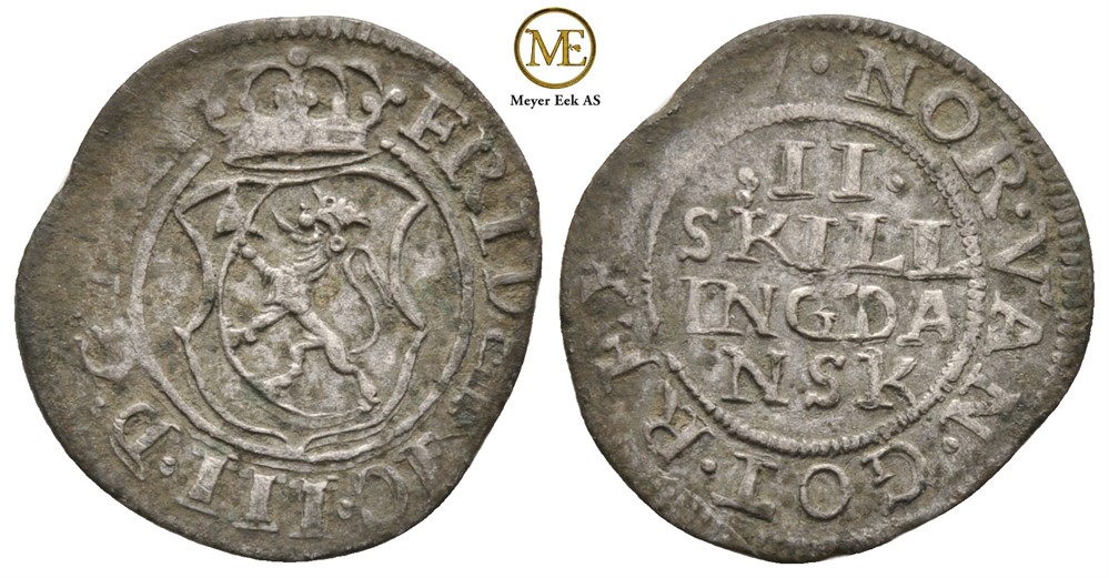 2 skilling 1667 Frederik III. Type II. Kv.1+