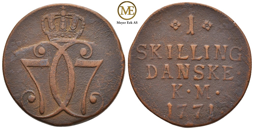 1 skilling 1771 Kongsberg. Variant 29. Kv.1+