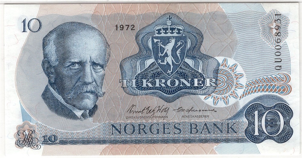 10 kroner 1972 QU erstatningsseddel. Kv.0