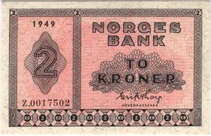 2 kroner 1949 Z.0017502. Erstatningsseddel. 66 EPQ