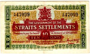 Straits Settlements 10 cent 1919 Kv.1+