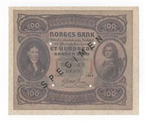 100 kroner 1945 C specimen m/seddelnr.