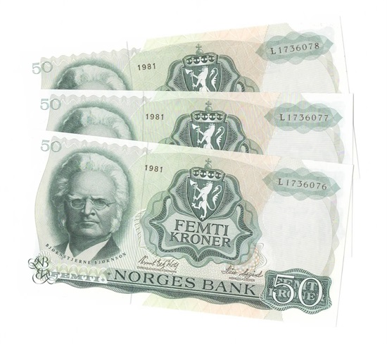 Norge 50 kroner 1981 L 3 stk i serie kv. 0