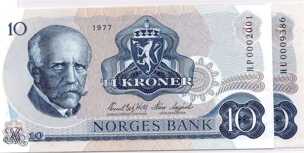 10 kroner 1977 HP og HU erstatningssedler. Kv.0