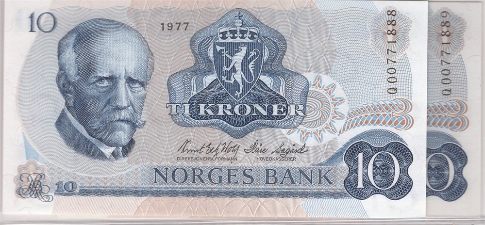10 kroner 1977 QO erstatningssedler i serie. Kv.0