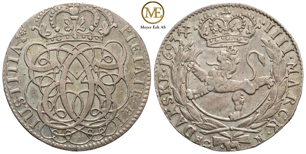 4 mark 1693 Christian V. Kv.1+/01