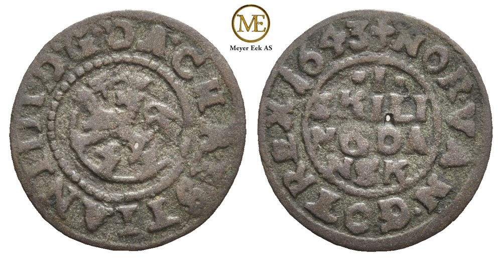 1 skilling 1643 Christian IV. Kv.1+