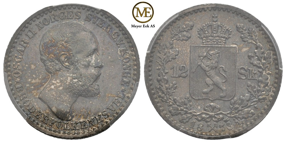 12 skilling 1873 Oscar II. NM.14. Gradert til MS64 hos PCGS. Kv.0