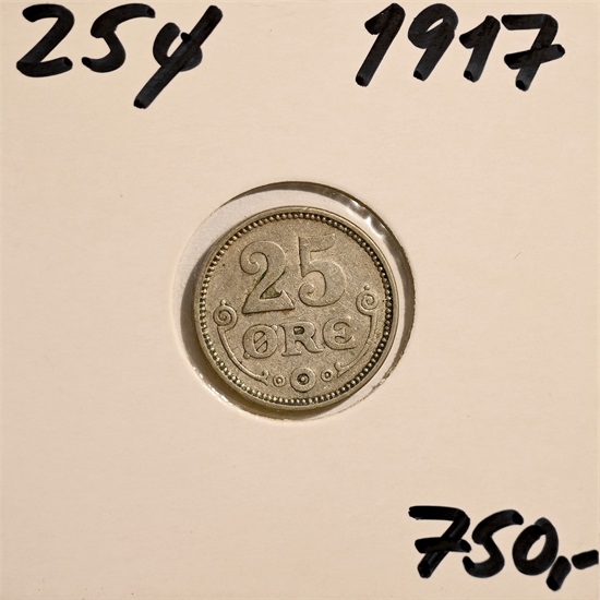 Danmark 25 øre 1917 kv. 1+/01