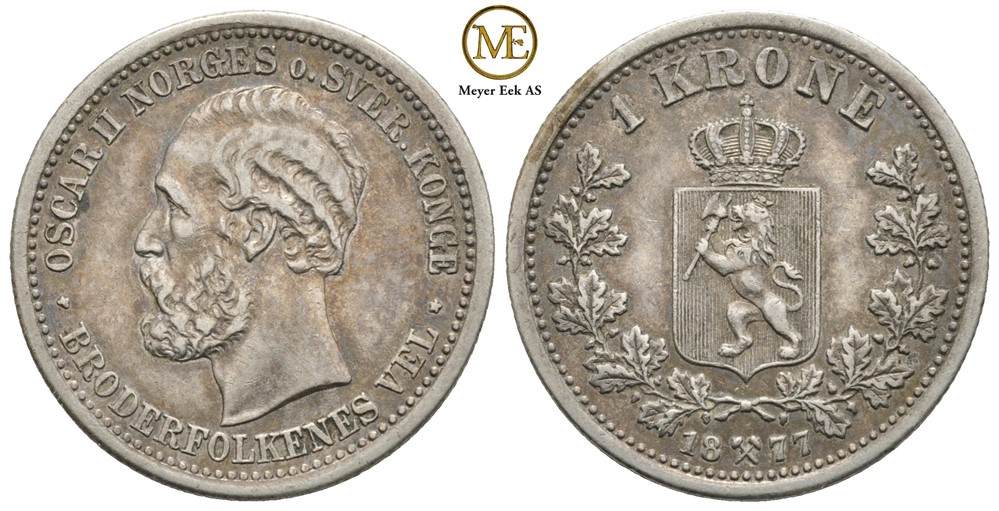 1 krone 1877 Oscar II. Kv.1+