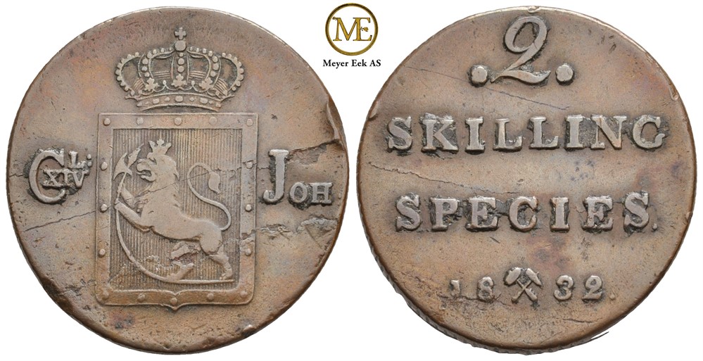 2 skilling 1832 Carl XIV Johan. NM.55. Kv.1+