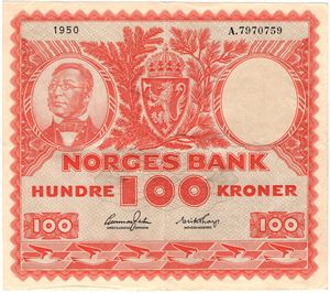 100 kroner 1950 A.7970759. Kv.1/1+