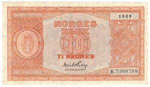 10 kroner 1949 K.7360789. Kv.0/01