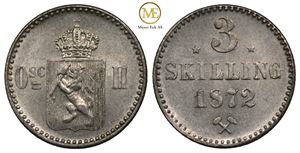 3 skilling 1872 m/stj. Oscar II. Kv.0