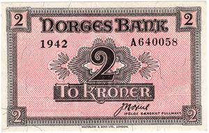 2 kroner 1942 A.640058. London utgaven. Kv.01