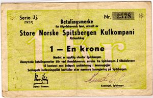 1 krone betalingsmerke 1957 Jj Kv.1/1-