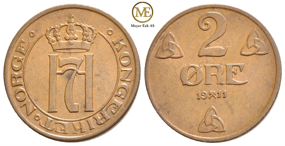 2 øre 1911 Haakon VII. Kv.0