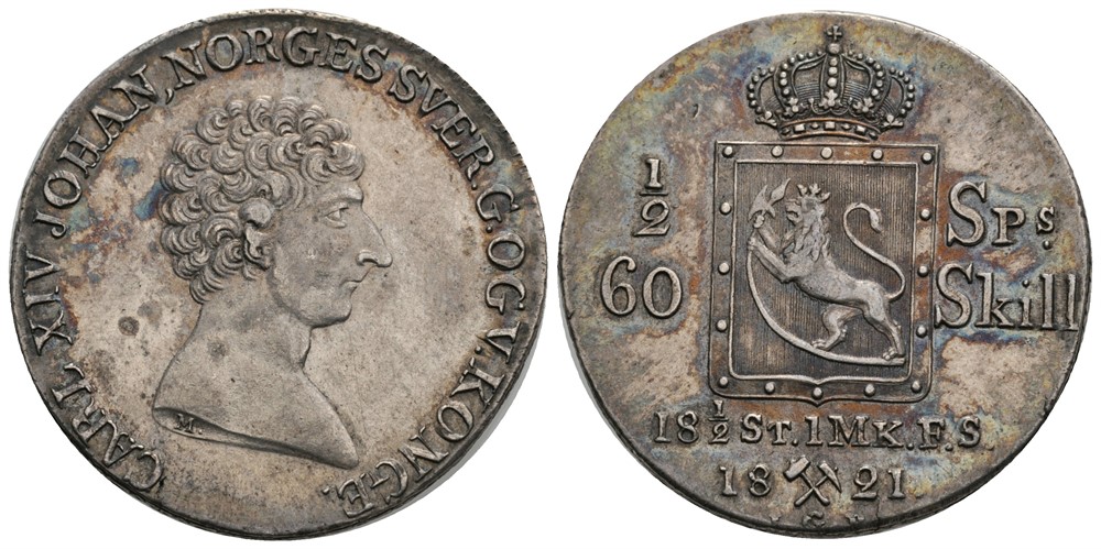 1/2 Speciedaler 1821 Carl XIV Johan. Kv.0/01
