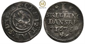 1 skilling  1675 Christian V. Kv.1+