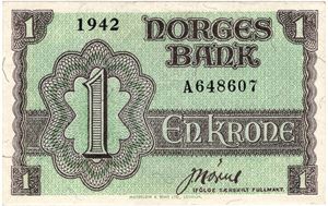 1 krone 1942 A.648607. London utgaven. Kv.0